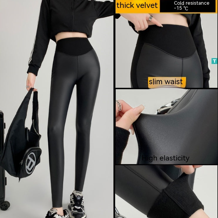 Autumn And Winter Stretch Tight Leather Pants Thin Velvet Weight Loss Pants Leggings