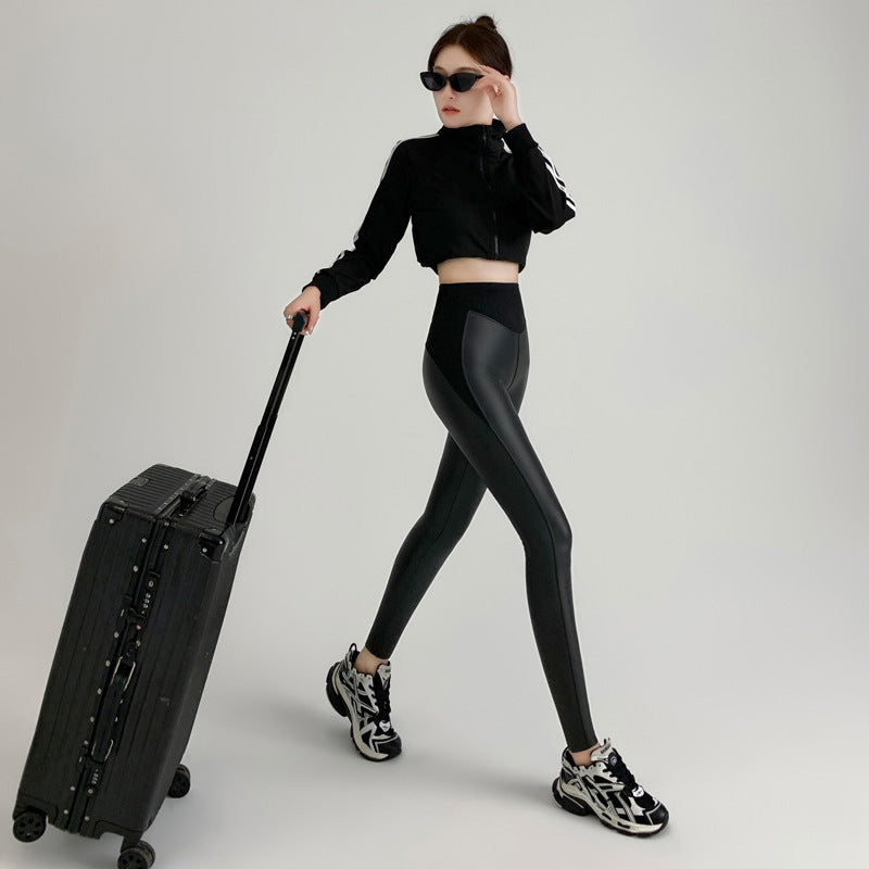 Autumn And Winter Stretch Tight Leather Pants Thin Velvet Weight Loss Pants Leggings