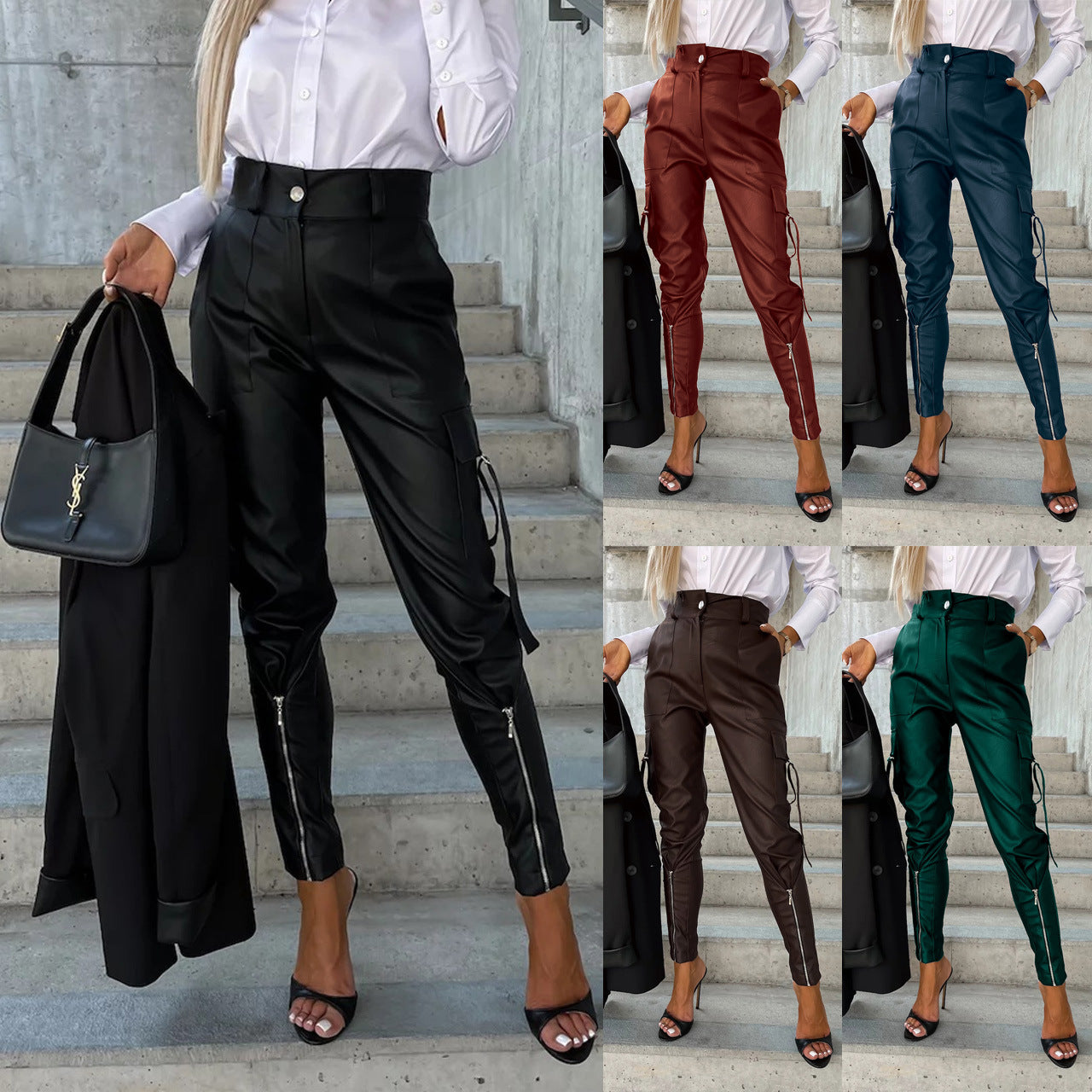 Leather Slim-Fitting Trousers - Waist-Cinching Zipper Design Pants With Pockets