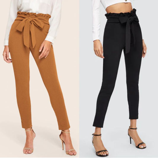 Cropped Trousers Belt Leggings with Bow