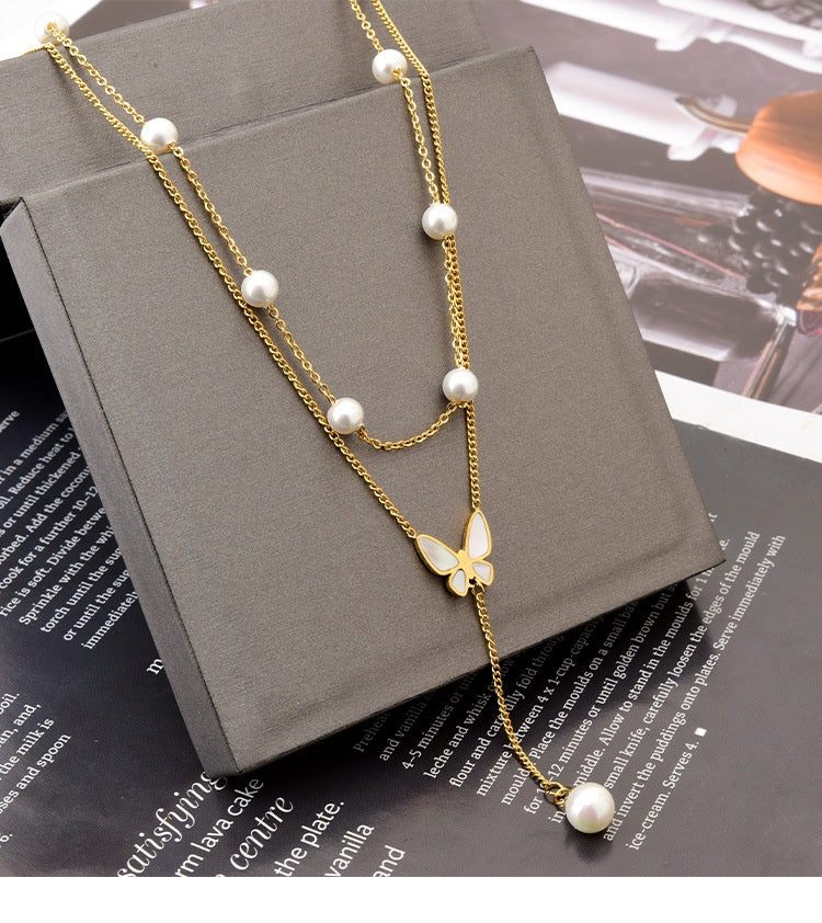 Butterfly Women's Titanium Steel Double-layer Chain Pearl Long Fringe Pendant