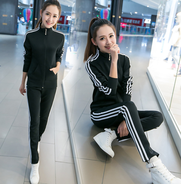 Spring and Autumn New Korean Fashion Running Sportswear Set Collar Three Bars Two Piece Set