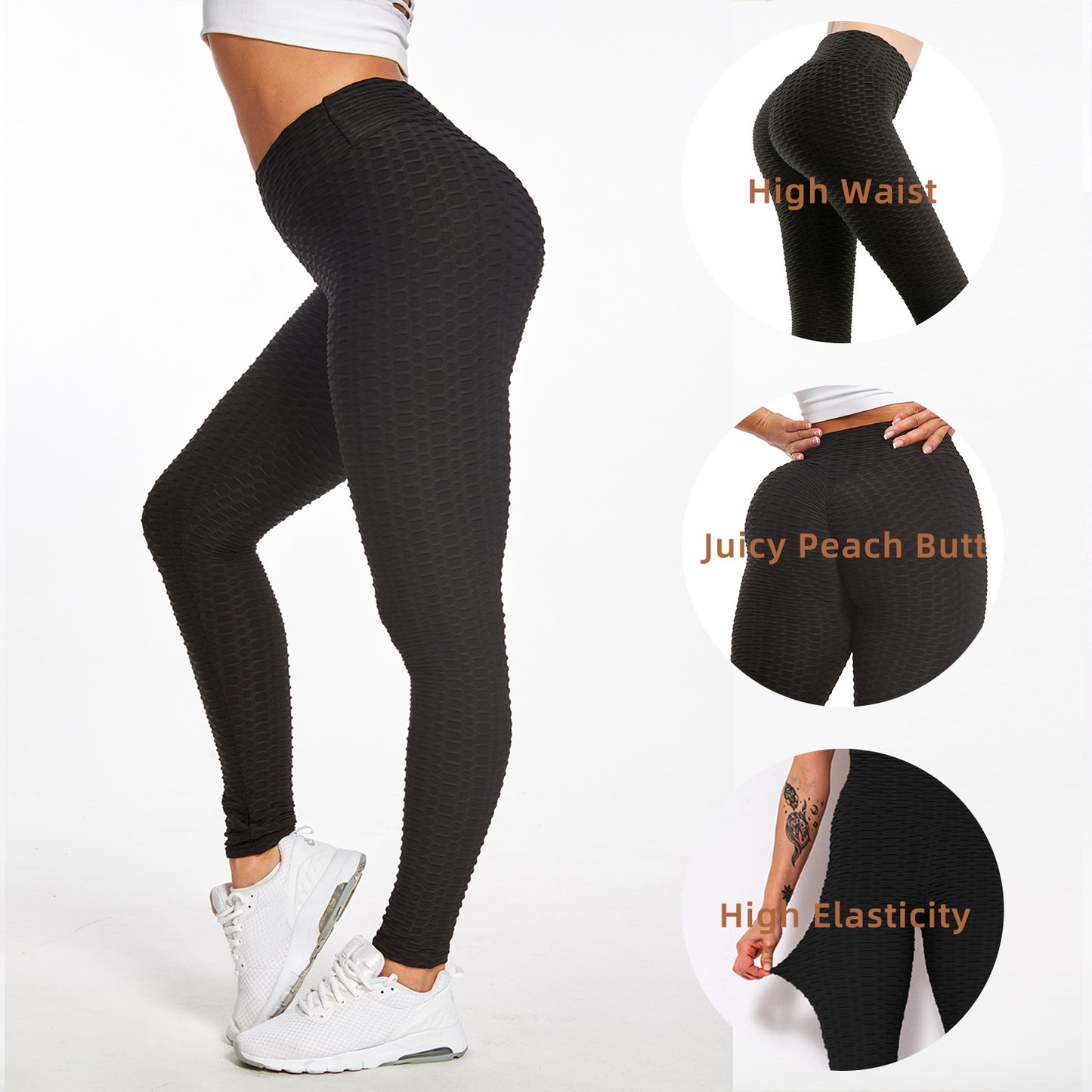 Women Leggings Bubble Textured Leggings Butt Lifting Yoga Pants [Black]