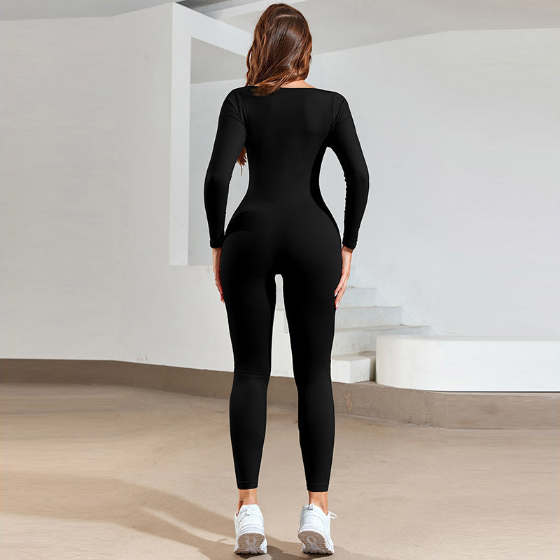 Pure Color Tight Yoga Bodysuit Women's Long-sleeved Sports Cropped Trousers