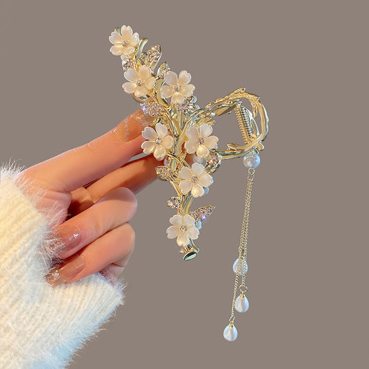 Large Pearl Bell Orchid Tassel Metal Hair Clip