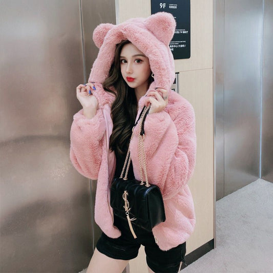 Hooded Thickened Plush Coat For Women