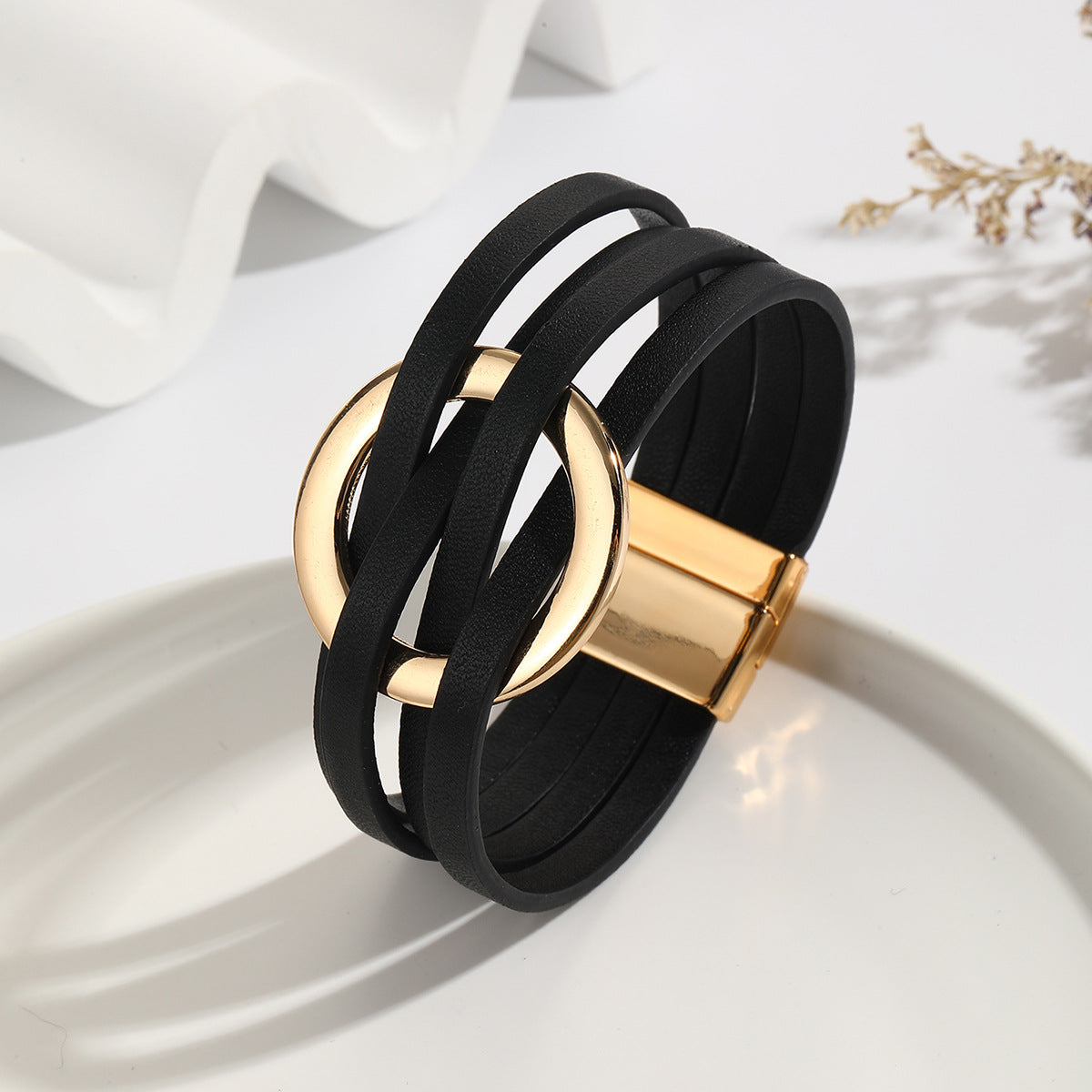 Cross Leather Women Bracelet Metal Ring Cuff Bangle with Magnetic Snap