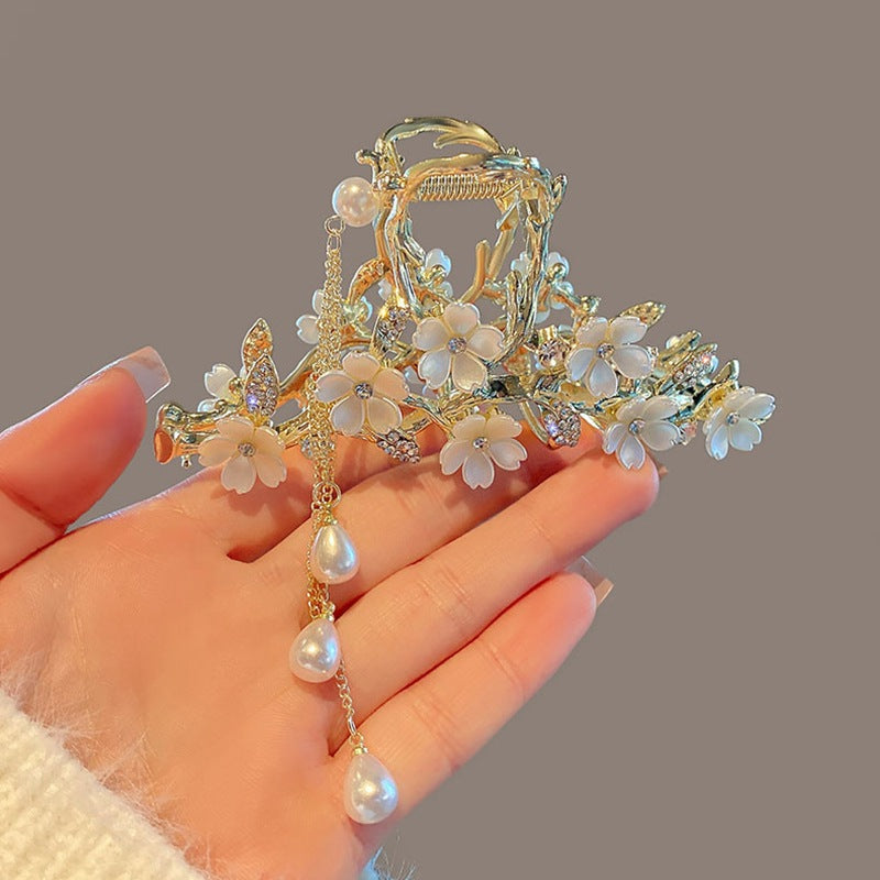 Large Pearl Bell Orchid Tassel Metal Hair Clip