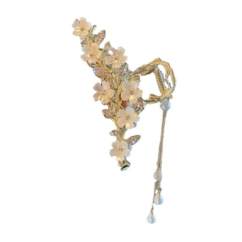 Large Pearl Bell Orchid Tassel Metal Hair Clip