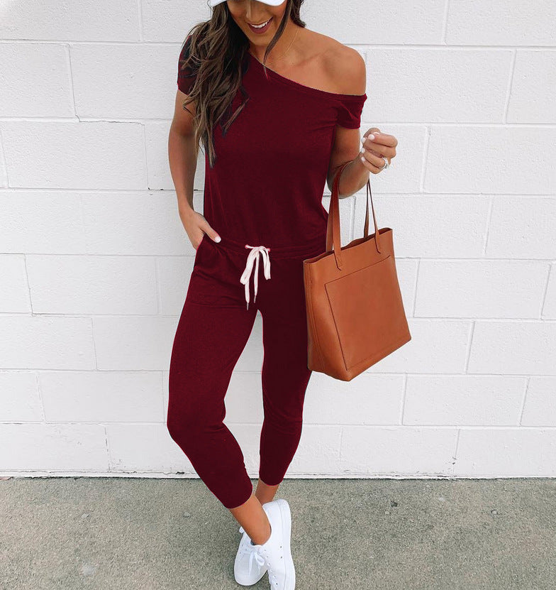 Off-the-shoulder Short-sleeved Pocket Lace-up Shoulder Jumpsuit