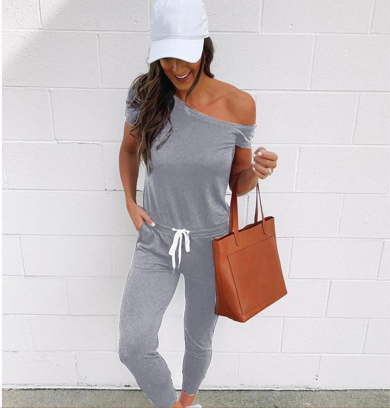 Off-the-shoulder Short-sleeved Pocket Lace-up Shoulder Jumpsuit