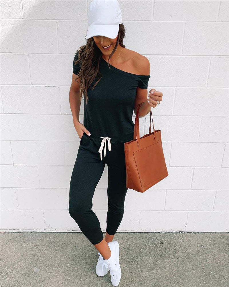 Off-the-shoulder Short-sleeved Pocket Lace-up Shoulder Jumpsuit