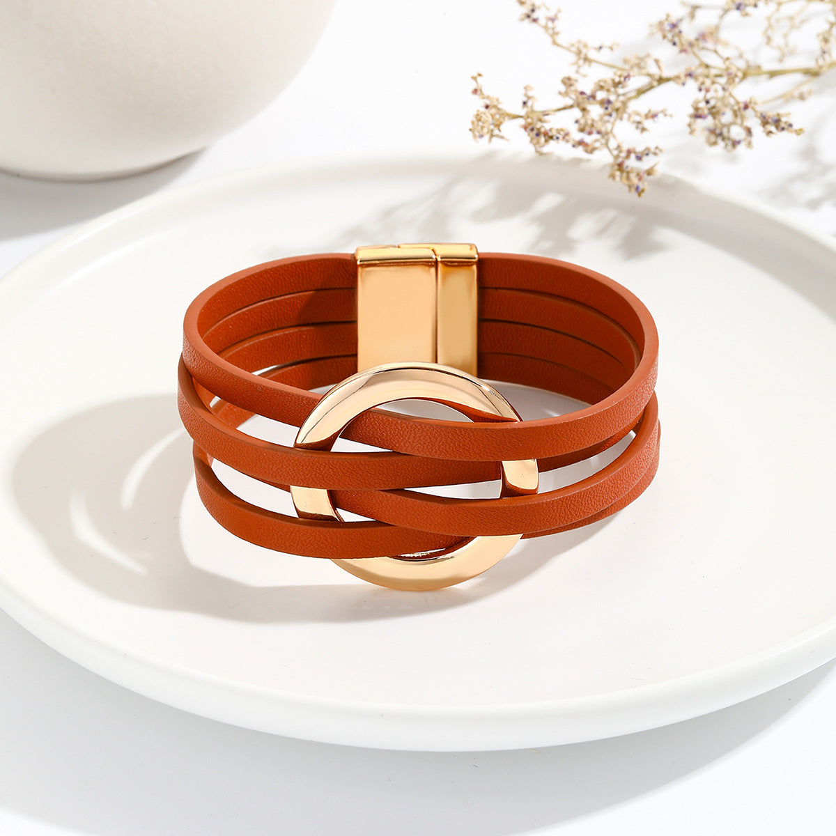 Cross Leather Women Bracelet Metal Ring Cuff Bangle with Magnetic Snap