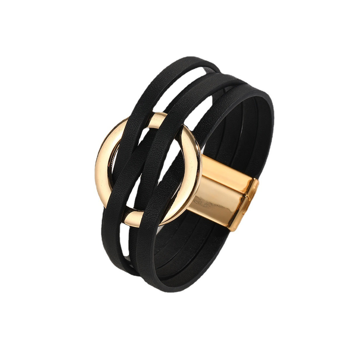 Cross Leather Women Bracelet Metal Ring Cuff Bangle with Magnetic Snap