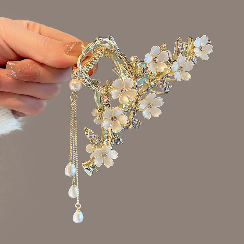 Large Pearl Bell Orchid Tassel Metal Hair Clip