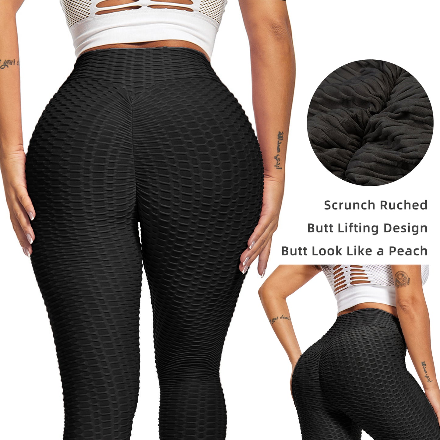 Women Leggings Bubble Textured Leggings Butt Lifting Yoga Pants [Black]