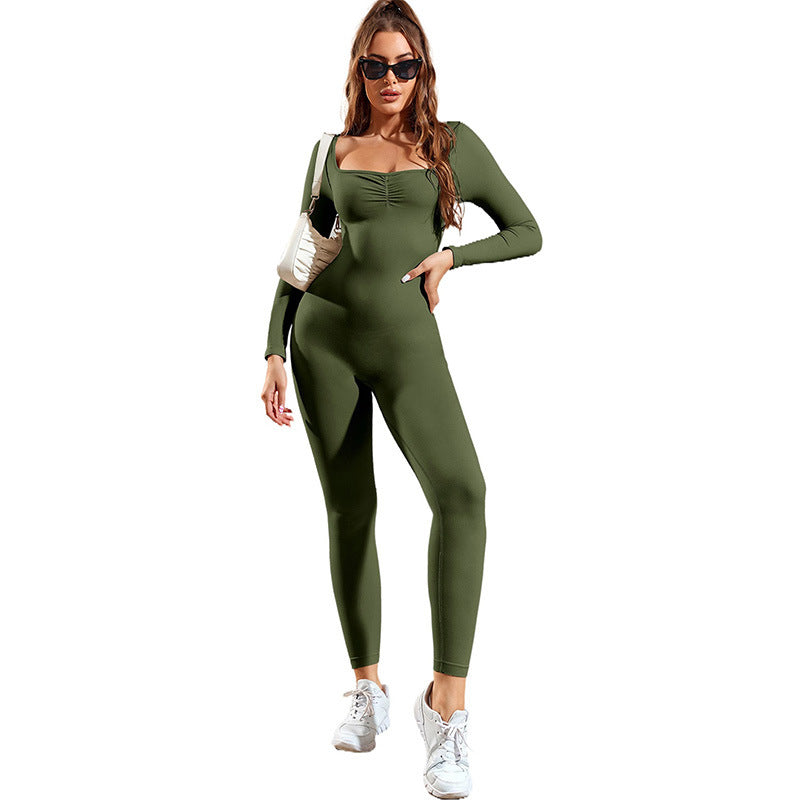 Pure Color Tight Yoga Bodysuit Women's Long-sleeved Sports Cropped Trousers